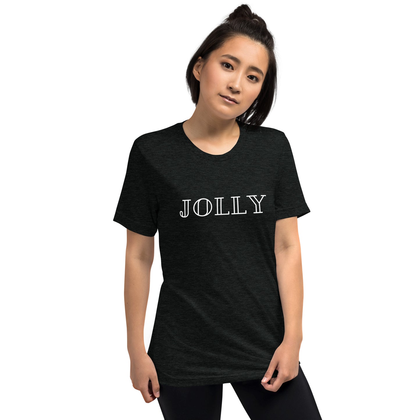 adult tri-blend t-shirt with 'Jolly' text design in red