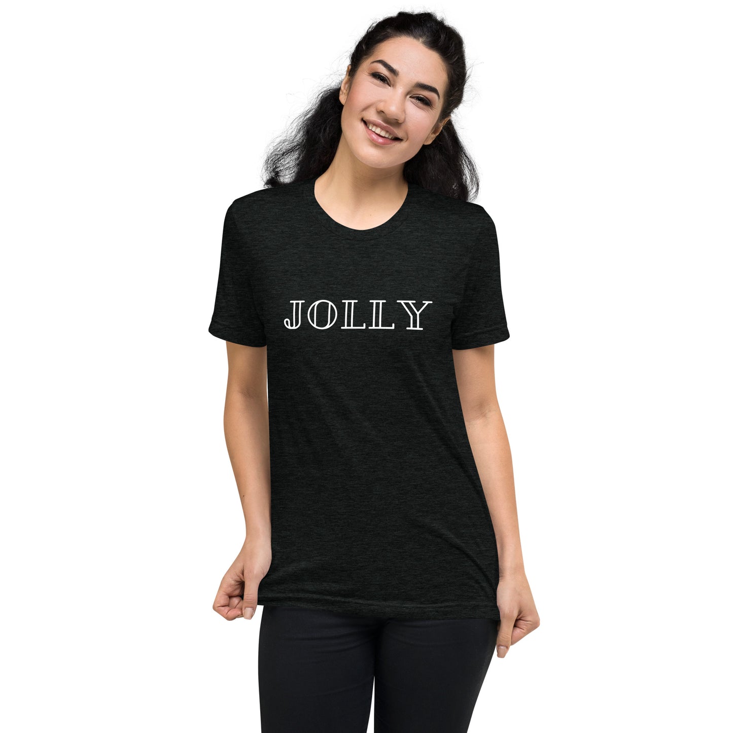 adult tri-blend t-shirt with 'Jolly' text design in red