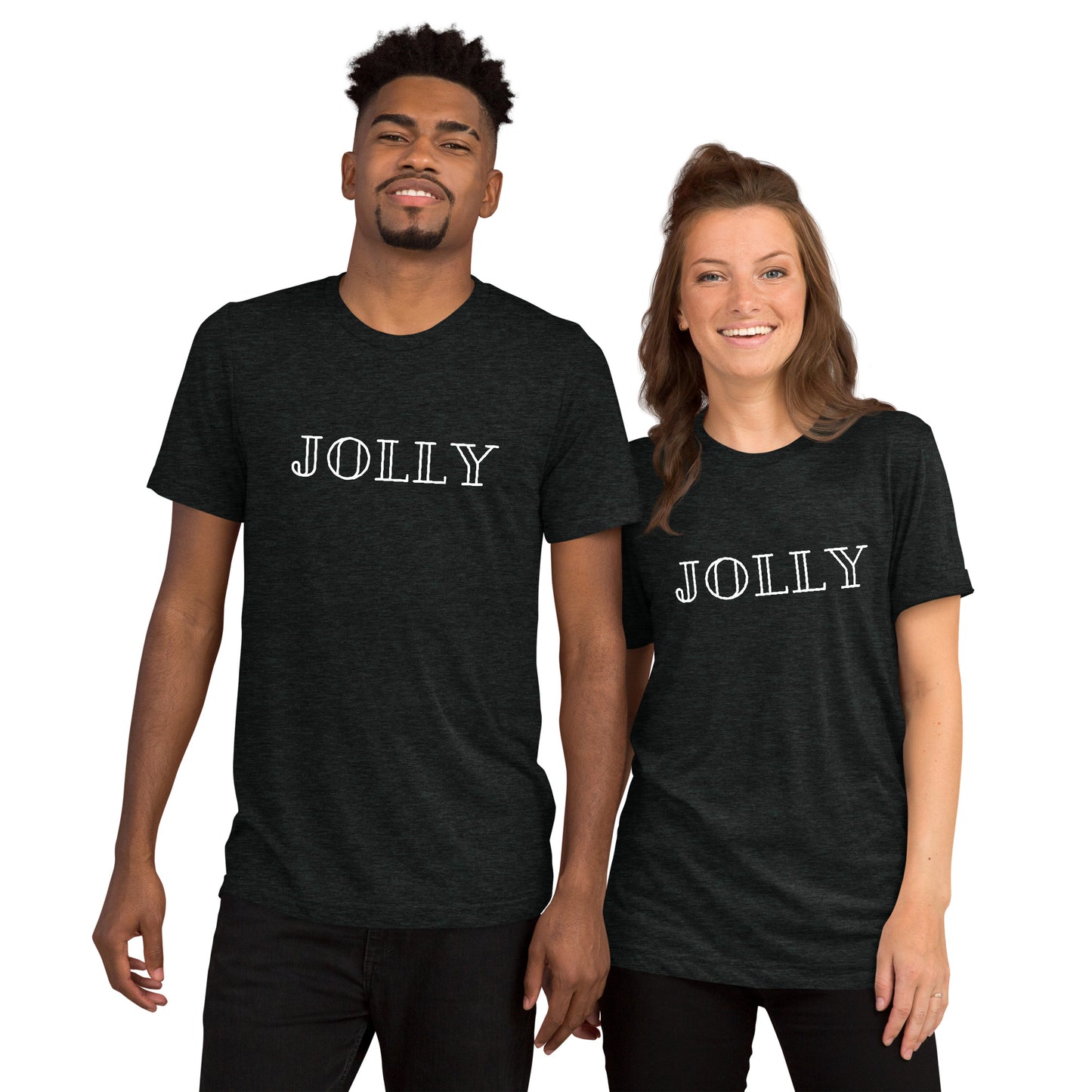 adult tri-blend t-shirt with 'Jolly' text design in red