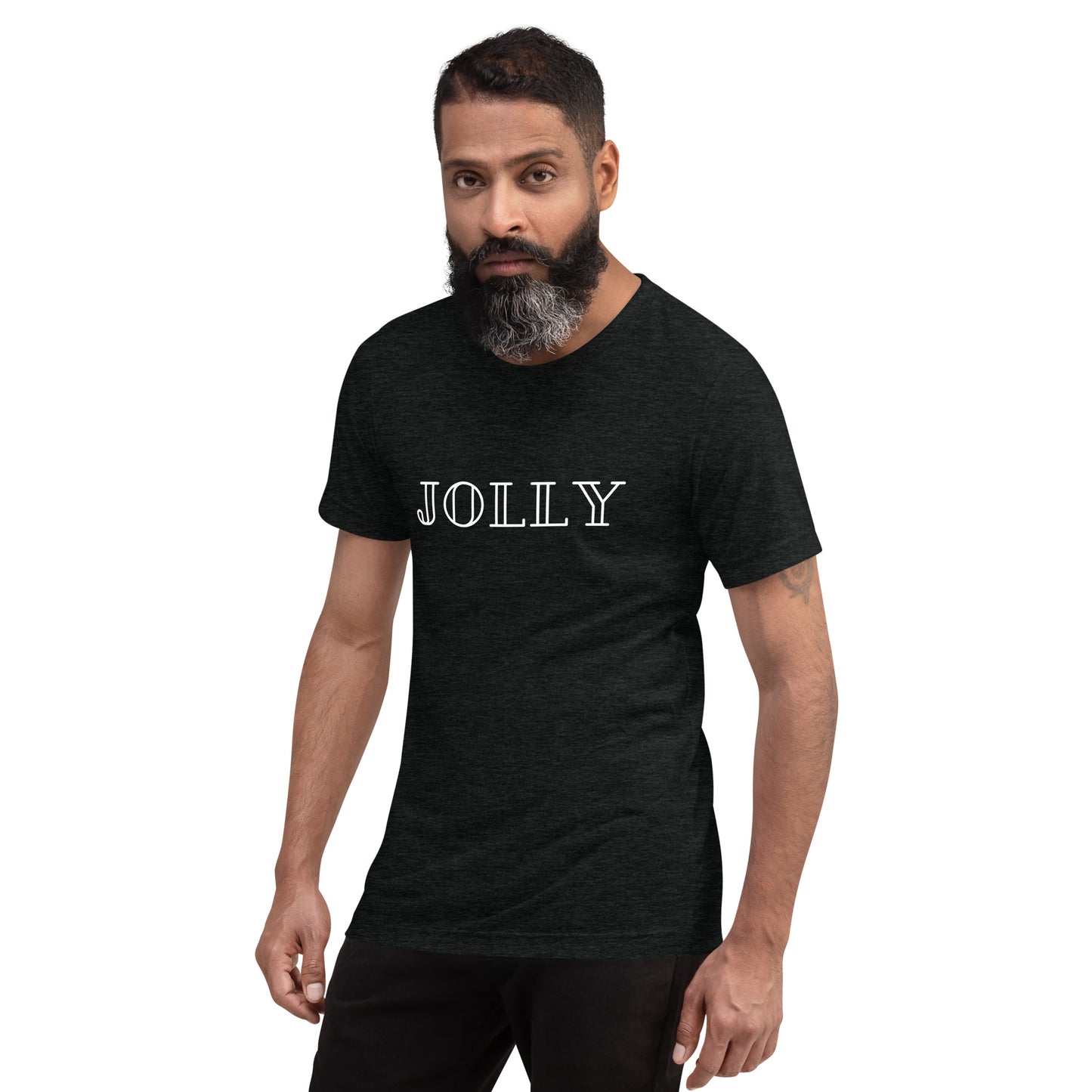 adult tri-blend t-shirt with 'Jolly' text design in red