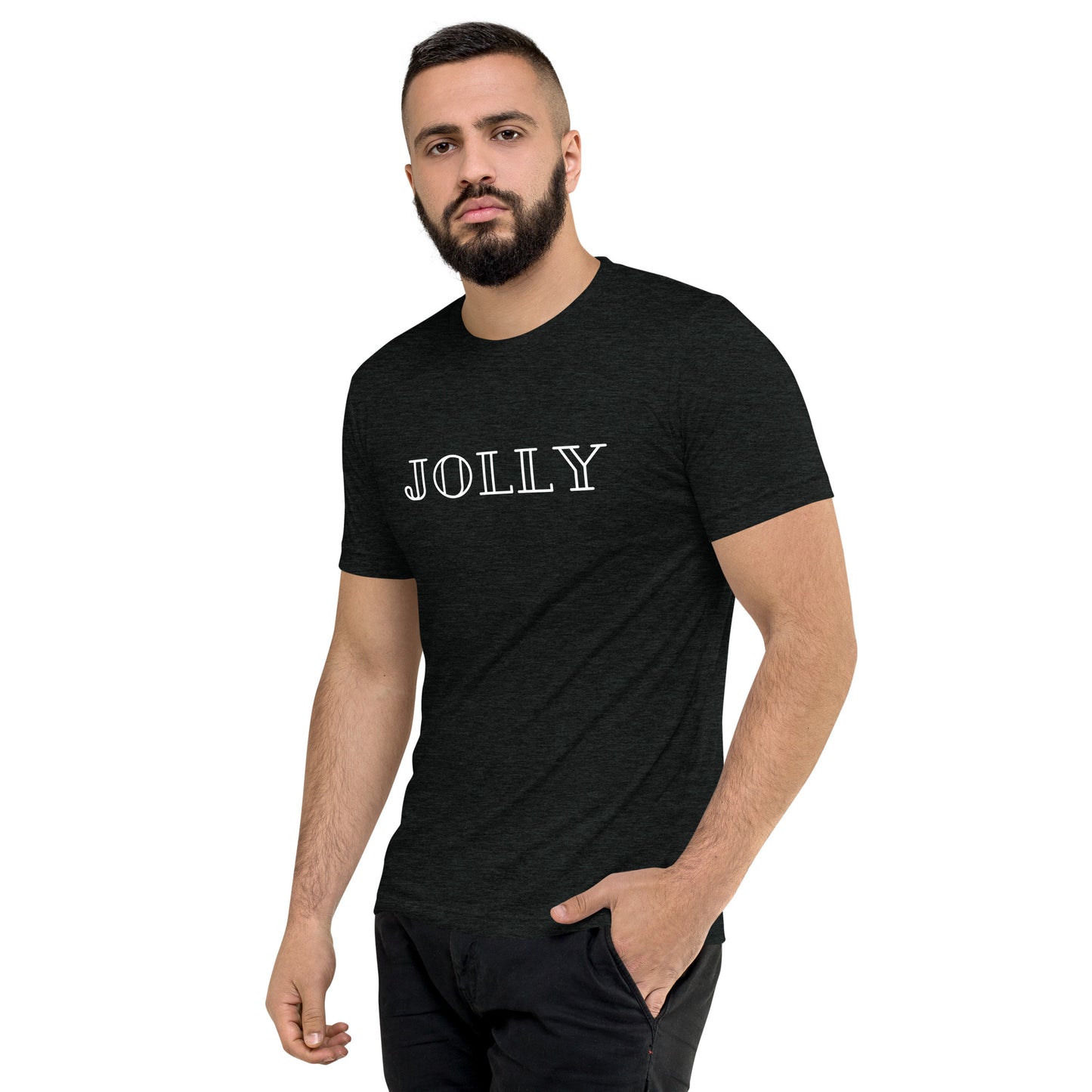adult tri-blend t-shirt with 'Jolly' text design in red