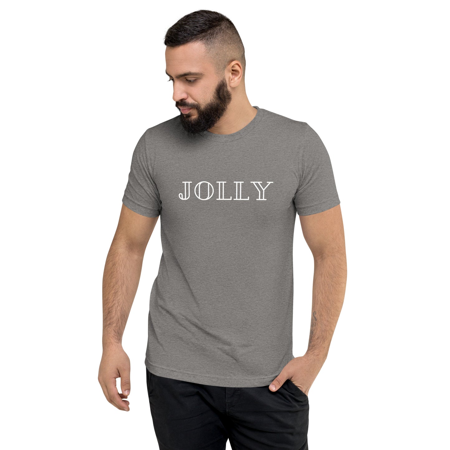 adult tri-blend t-shirt with 'Jolly' text design in red