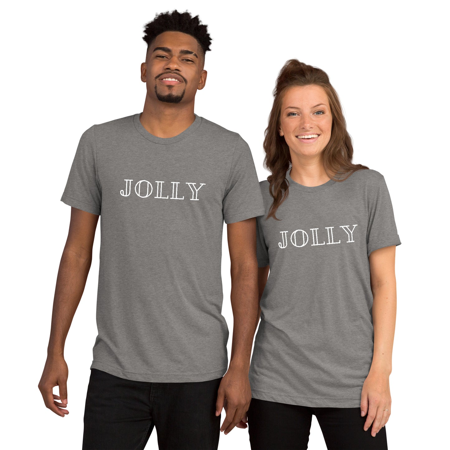 adult tri-blend t-shirt with 'Jolly' text design in red