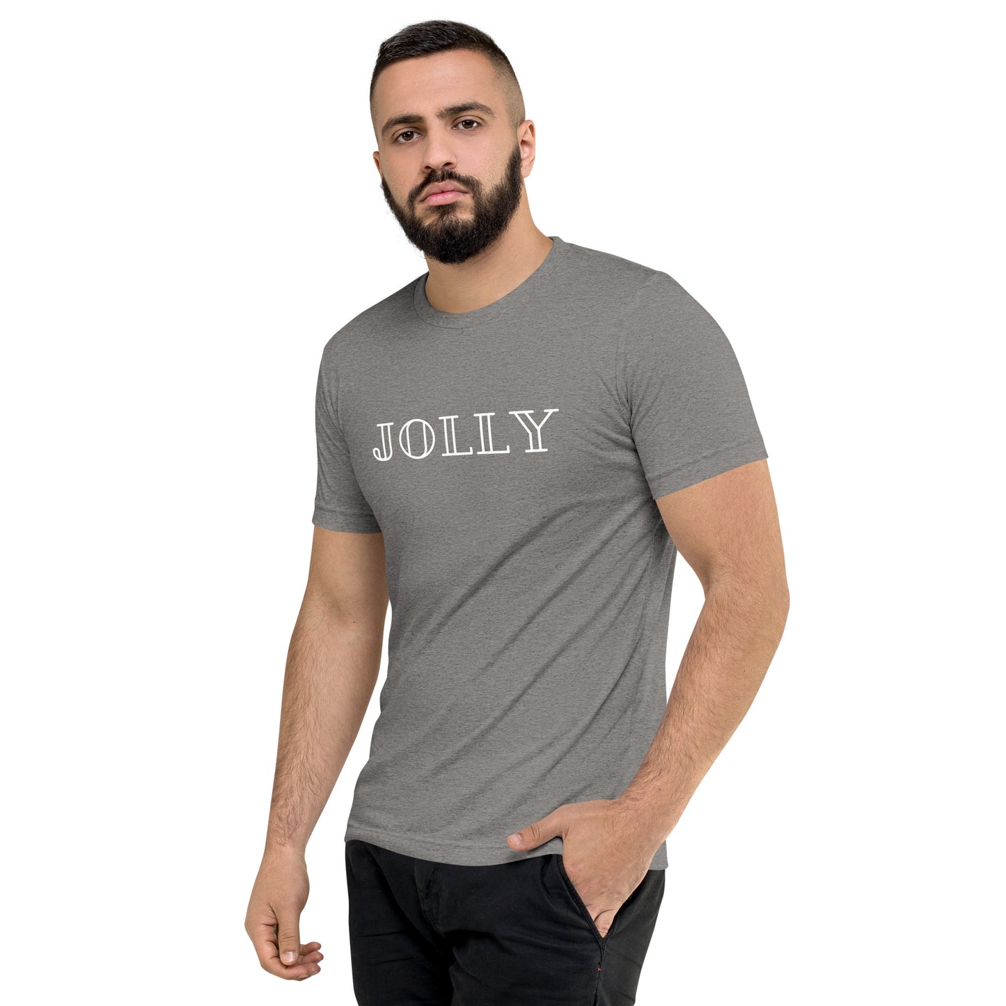 adult tri-blend t-shirt with 'Jolly' text design in red