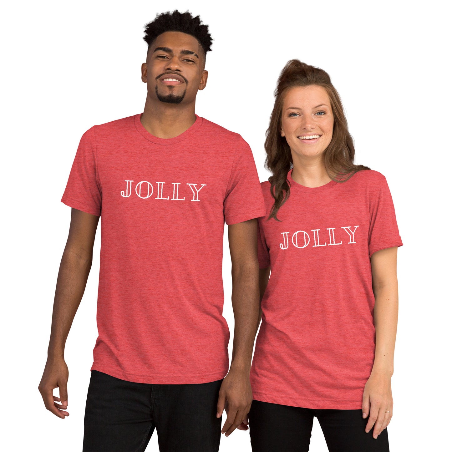 adult tri-blend t-shirt with 'Jolly' text design in red
