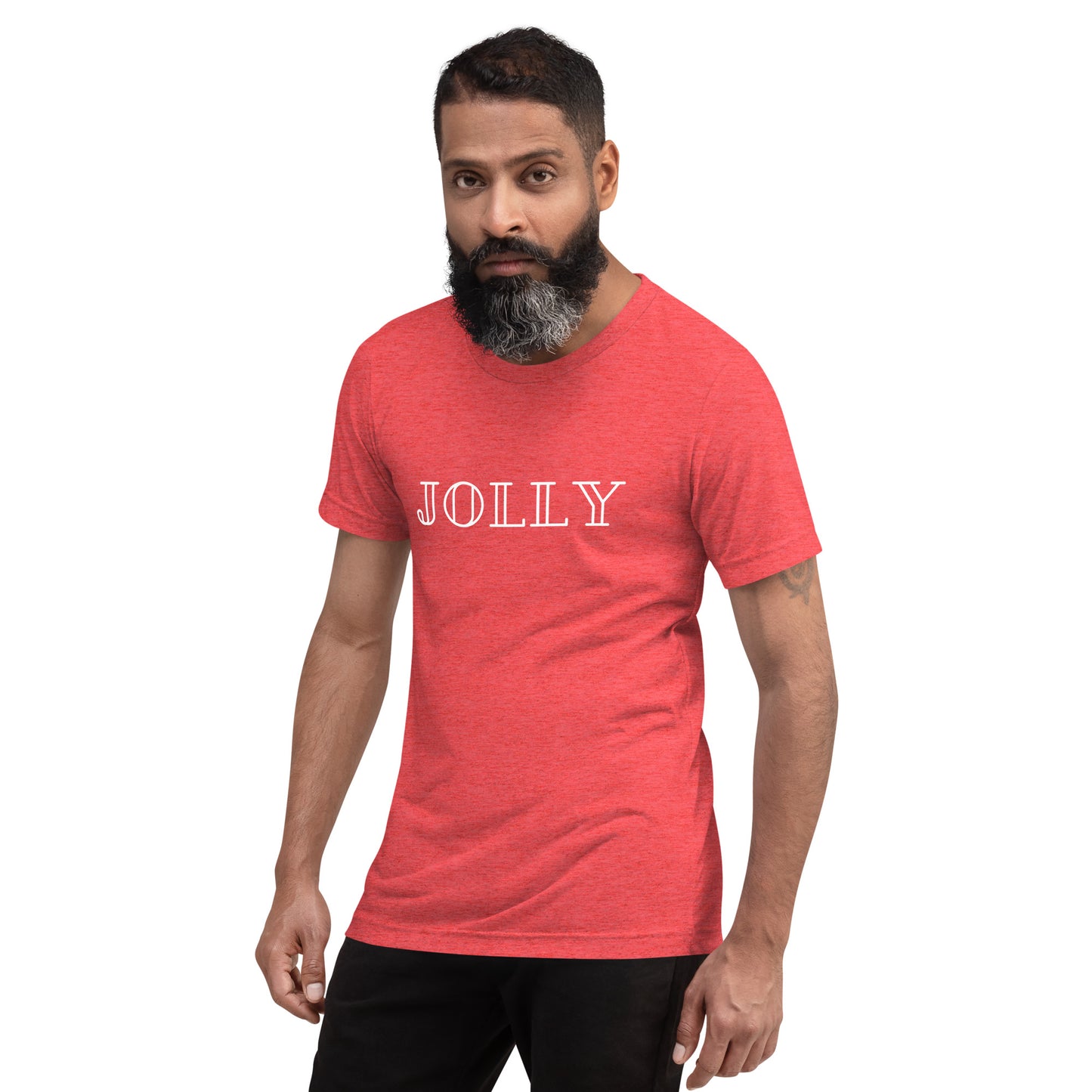adult tri-blend t-shirt with 'Jolly' text design in red