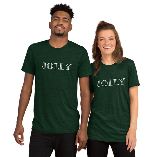 adult tri-blend t-shirt with 'Jolly' text design in red